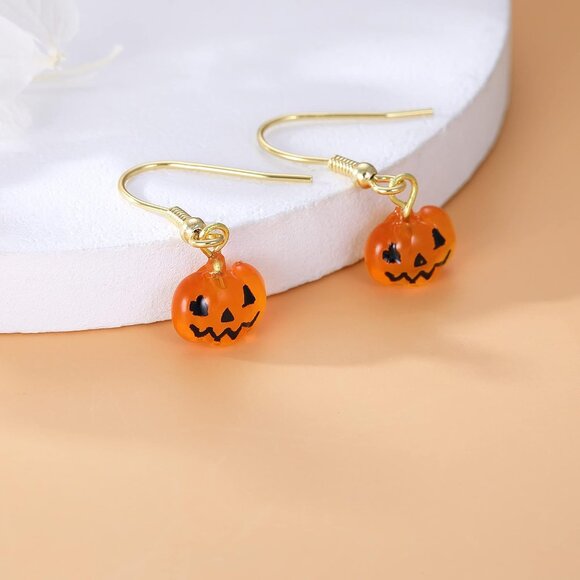 Solid 925 Sterling Silver Halloween Pumpkin Drop Earrings for Women Teens Tiny P - Picture 5 of 7